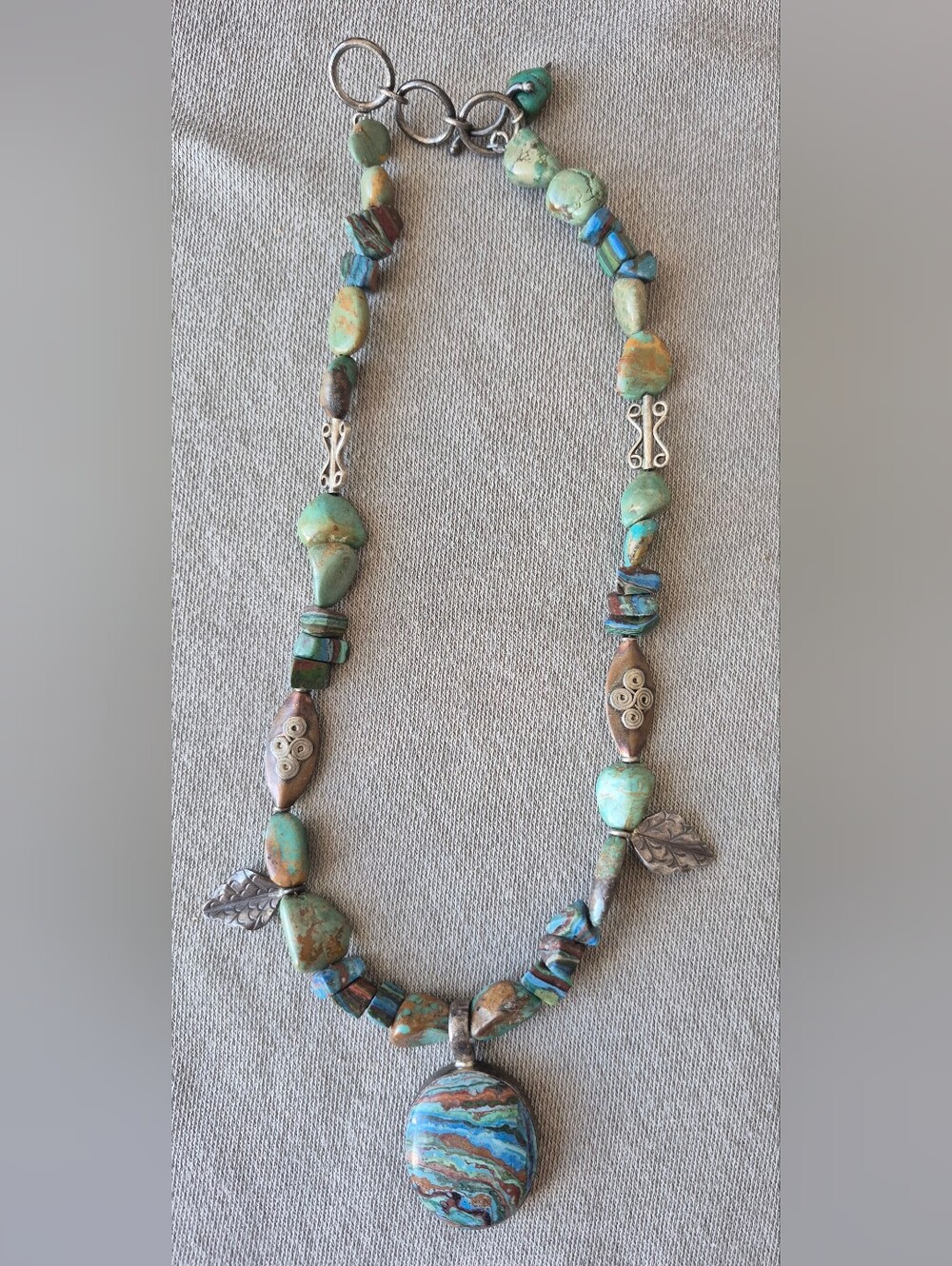 Turquoise Stone and Silver Leaf Necklace - Boho Women’s Jewelry